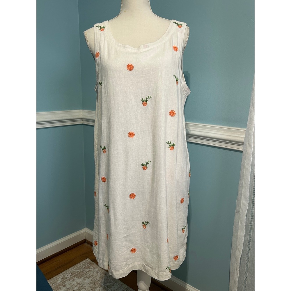 Joie Women White Linen Blend Orange Citrus Embroidered Shift Dress Pockets L